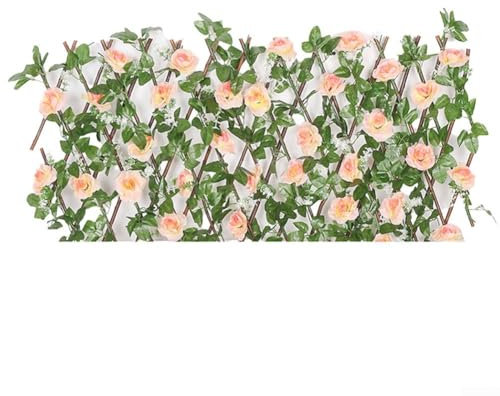 Künstlicher Zaun mit Seidenblumen, ausziehbares Holzspalier für Privatsphäre im Freien, dekorativer Gartenzaun für Balkon, Innenhof, Treppen, Wände (cremefarben)