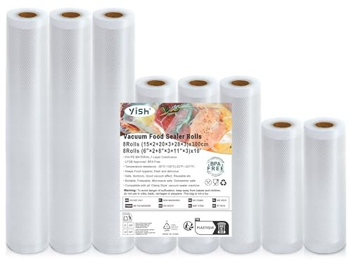YISH Rouleau Sous Vide Alimentaire 8 Packs:28/20/15/x300 cm Sac Sous Vide Alimentaire 170µm, Film Sous Vide Alimentaire Gaufré pour L'appareil de Mise Sous Vide