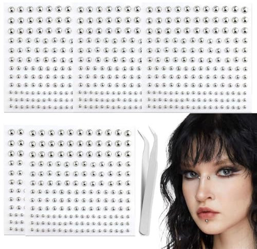 HAMKU 825pcs Lippenstecker Aufkleber, Fake-Nasenstecker Aufkleber, Augenbrauenstecker Aufkleber, nicht durchdringender Nasenstecker zum Aufkleben auf silbernen Bauchnabelaufkleber,coole Punk Y2K