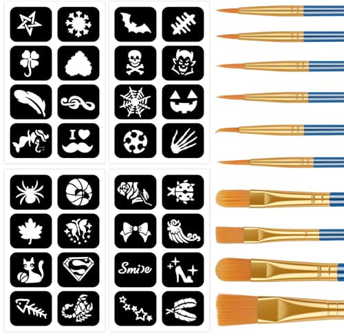 Alaoo Halloween Tattoo Schminke Set,Tattoo Schminken Werkzeuge Set für Kinder Erwachsene mit 4 Tattoo Schablone,10 Pinsel,Wiederverwendbare Schablonen Kit für Party,Fasching,Weihnachten Halloween,SZ