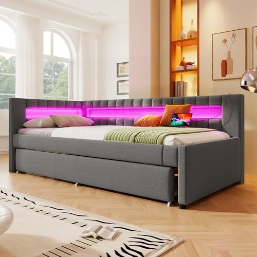 Lexiou Daybett, Tagesbett, Schlafsofa, 90x200cm, Bett mit LED-Fernbedienungslichtleiste am Bettende, Bett mit Ausziehbett ohne Matratze, USB + Type-C, Leinen (Grau)
