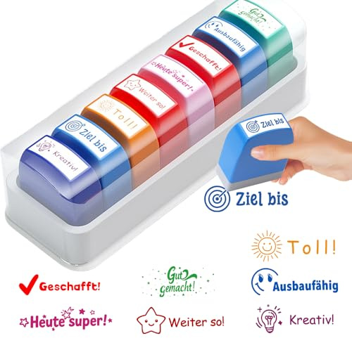 8 Stück Stempel Lehrer Selbstfärbender, Lehrer Bewertung Belohnung Motivation Briefmarken, Bunte Cartoon Emoji Motivationsstempel, Lob Siegel Ermutigung avec Boîte, Schule/Familien Bildung Lehrhilfen