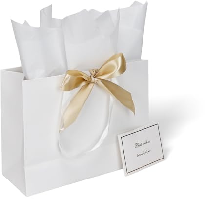 Huaprint 6 Pack White Large Gift Bags Kit, 33x12.7x25.4cm Extra Large & Sturdy Gift Wrapping Set with Tissue Paper, Card & Ribbon for Clothing, Shoes, Wine Bottles, Christmas Birthday Gifts