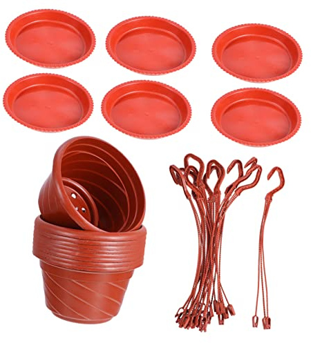 HIAKDOFT 10 Juegos Macetas Colgantes Redondas de Plástico Resistentes para Plantas de Jardín con Soporte y Plato Rojo para y Patios