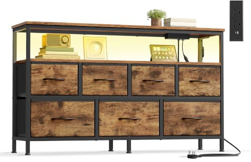 SONGMICS Chest of Drawers with App-Controlled Adjustable LED Lights, Dresser Unit with Charging Station, 1 Shelf, 7 Drawers, Industrial, Rustic Brown and Ink Black BELLAH Collection LGS733KD03
