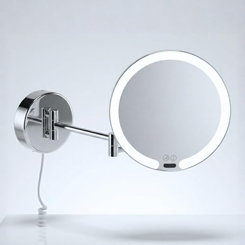 Libaro LED Kosmetikspiegel Vittoria – 7-facher Vergrößerungsspiegel mit Sensor & Dimmer – runder Schminkspiegel mit automatischer LED-Beleuchtung, ausziehbarem Gelenkarm & weißem Kabel, Wandmontage