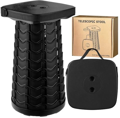 KALBIGRO Tabouret Pliant Portable, Tabouret Telescopique Réglable en Hauteur, Rétractable pour Camping, Randonnée, Pêche, Voyage, BBQ, Jardin, Extérieur, Charge Max de 485LBS/220KG, Noir