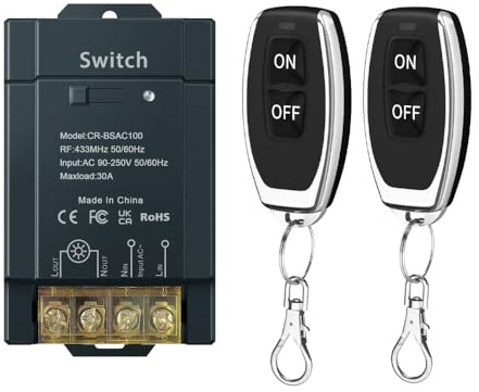 Cerhot AC 220V 240V 100m 30A Interruttore per illuminazione esterna ad alta potenza con telecomando radio senza fili, relè senza fili per illuminazione di pompe per l'acqua (AC100-240V 100m 2V1 Nero)