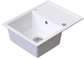 HOMEVELLO Spülbecken AXION Einbecken Granitspüle 65x50x20,5cm Weiß, Hochwertige Küchenspüle mit Siphon, Abtropffläche, Pflegeleicht, Kratzfest, Moderne Design, Perfekt für jede Küche