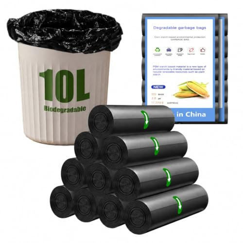 NARYVORA 200 Pièces Sac Poubelle Biodégradables 10L, 10 Rollen 45x50cm Sacs Poubelle, 2.6 Gal Ultra Résistant Trash Bag pour Cuisine, Maison, Bureau, Noir