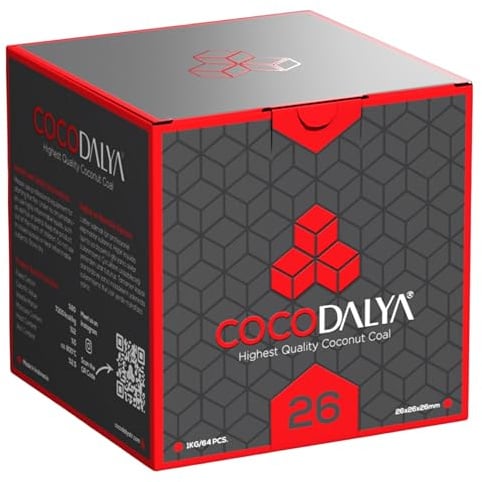 Cocodalya - Kokoskohle – Premium Naturkohle aus Kokosnussschalen – Barbecue Charcoal – 26 x 26 x 26 mm – Lange Brenndauer, Geruchslos, Wenig Asche - 2KG