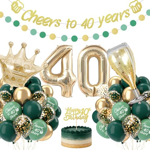 Deko 40 Geburtstag Mann Frauen Set, Grünes Gold 40. Geburtstag Deko Mann Frauen, Geburtstagsdeko 40 Jahr Deko, Dekorationen zum 40. Geburtstag Enthält Banner und Kuchentopper