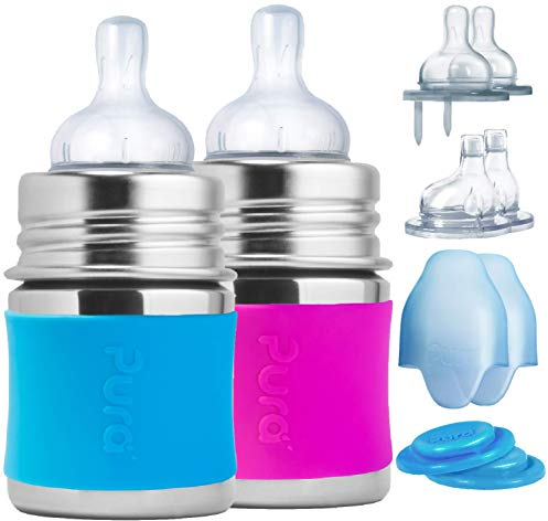 Pura Baby-Babyflaschen aus Edelstahl (Silikondüsen mit mittlerem Durchfluss, Schnelldurchflussdüsen, Einspritzdüsen, Dichtungsscheiben und -hülsen (2er-Pack) Aqua & Rosa 5 Unzen / 150 ml S