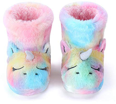 Girls Booties Unicorn Kids Slippers Boots Rainbow with Colorful Warm Plush Fluffy Ankle Booties,Pink,10/11 UK Child