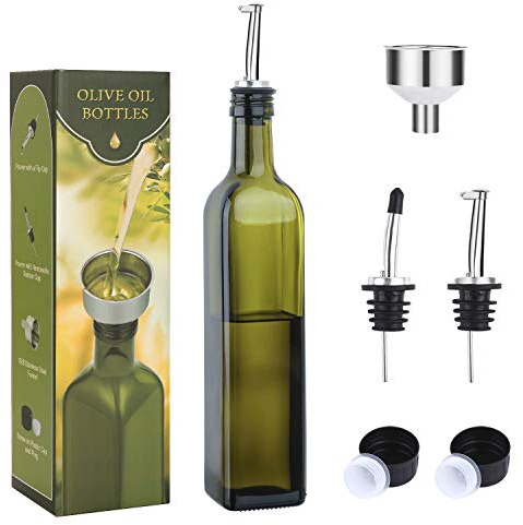 AOZITA 17oz Glass Olive Oil Bottle Dispenser - 500ml Green Oil and Vinegar Cruet with Pourers and Funnel - Olive Oil Carafe Decanter for Kitchen