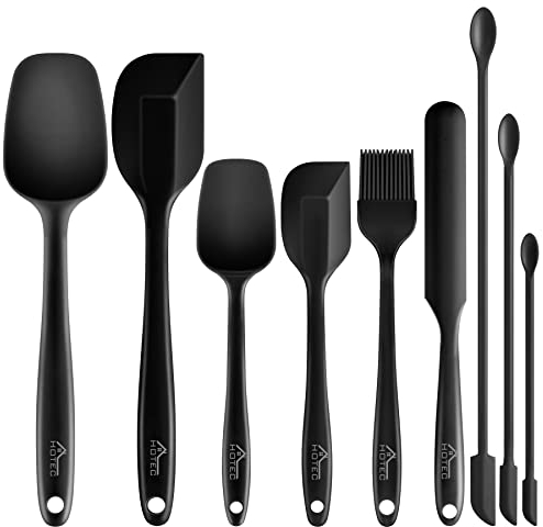Hotec Espátulas de silicona para hornear, cocinar y mezclar, resistentes al calor, antiadherentes, de acero inoxidable fuerte, interior de silicona de grado alimenticio,9 Piezas-Negro