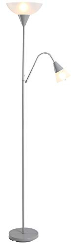 HOMCOM Moderne Stehlampe 2 Köpfe Verstellbares Leselicht, Standleuchte, Doppelköpfes Design mit Stahlfuß,Silber, Weiß, 28 x 28 x 179,5 cm