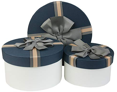 Emartbuy Geschenkboxen, rund, weiß, mit blauem Deckel und braunem Band, 3 Stück