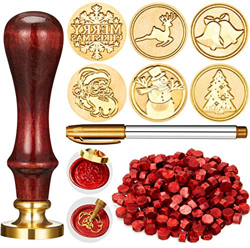 208 Stück Weihnachten Siegelwachs Stempel Kit, einschließlich 6 Stück Wachsstempel Messingköpfe mit Holzgriff, 200 Stück Siegelwach Perlen und Goldmarkierungsstift für Einladungen