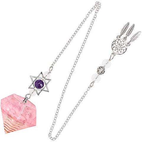 mookaitedecor Pendule à pointe en pierre de résine pour la méditation de divination de radiesthésie Reiki, équilibrage des chakras avec attrape-rêves et étoile Merkaba, Quartz Rose