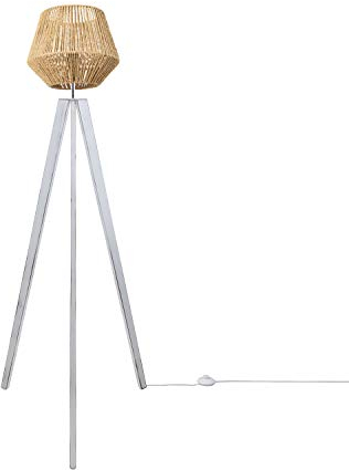 Paco Home Stehlampe Modern Wohnzimmer Schlafzimmer Rattan Optik Boho Korb Stehleuchte E27, Lampenfuß: Stehleuchte Weiß, Lampenschirm: Natur (Ø33 cm)