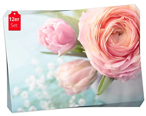 Tischset, Platzset - Rosa Rosen - 12 Stück Made in Germany, 44x32cm aus speziellem Naturpapier in Aufbewahrungsmappe – die besondere Tischdeko für Frühling, Ostern & Blumen