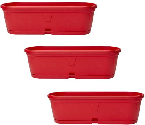 3X Pflanzkübel mit Untersetzer geeignet für Innen- und Außenbereich Kunststoff wetterfest Dekoration Balkon Büro Blumentopf länglich oval rot