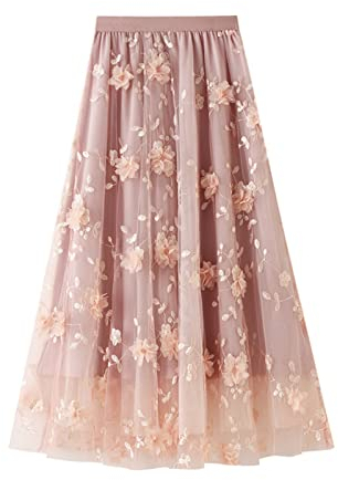 SotRong Tüllrock Rosa Damen Midi Überlagerter Mehrlagiger Elastischer Hoch Taillierter A Linien Tutu Rock Mesh-Chiffon-Faltenrock mit Blumendekoration