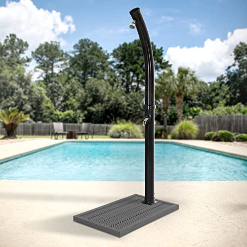 ML-Design Doccia Solare da Giardino Rotonda Curva Nera 222 cm 20 L a Pedale Acqua Calda max. 60°C Senza Elettricità con Attacco Tubo Doccia Esterna per Piscina + Base Piatto Pedana in WPC Grigio Scuro