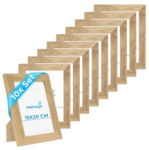 PHOTOLINI Bilderrahmen 15x20 Holz Eiche, 10er Set breite Bilderrahmen 20x15 Holz, Picture Frame mit Acrylglas, Bilderrahmen 15 x 20 cm Eiche zum Aufhängen & Aufstellen, Rahmen 15x20 mit Zubehör