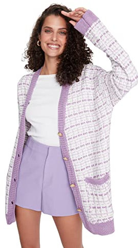 Trendyol Woman Oversize Standard V-Neck Knitwear Cardigan Maglione, Viola, S Donna