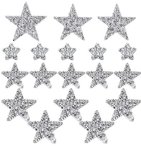 Zasvec Bügelbilder Aufbügler Strass 18 Stück Silber Bügelbild Applikation zum Aufbügeln Strass Fünfzackiger Stern Aufnäher Glitzer Patches Aufnäher für DIY Dekoration 9/8/6/4/2cm