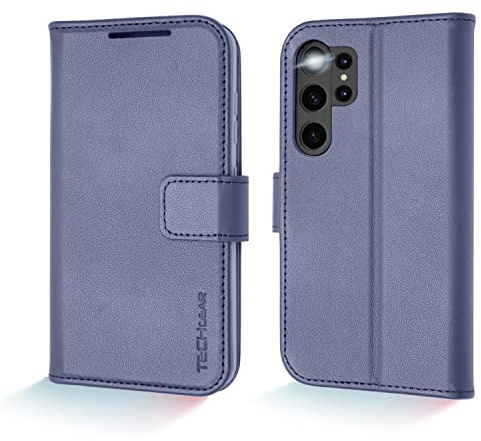 TECHGEAR Galaxy S23 Ultra Leather Wallet Case, Genuine Leather Magnetic Flip [RFID Blocking] Case with Shockproof TPU, Card Slots, Stand Folio Cover Compatible with Samsung Galaxy S23 Ultra 5G, Blue