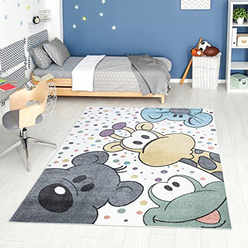 carpet city Teppich Kinderzimmer Cartoon - Mehrfarbig - 140x200 cm - Kinderteppich Kurzflor mit lustigen Tieren, Bunte Punkte - Weicher Flor