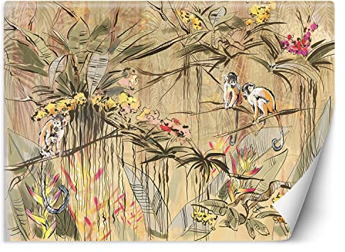 Feeby Fototapete Blätter Affe Dschungel 200x140 cm Beige XXL Vlies Wandtapete Tapeten Wohnzimmer Schlafzimmer Jugendzimmer Moderne Design Wandbild Wand Dekoration Tropen Exotisch Blumen