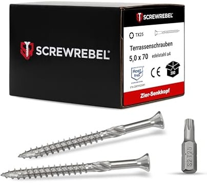 SCREW REBEL Viti per terrazze ST-FIX in acciaio inox A4, 5,0 x 70 mm, 200 pezzi con punte S2, TX 25, testa svasata, fresa per denti di sega, punta tagliata, vite cerata