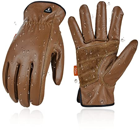 Vgo... Gants de travail en cuir vachette grainé, gants de travail non doublés, gants de chantier, hydrofuges, garniture paume (CA9597WP,7/S,Marron,1Paire)