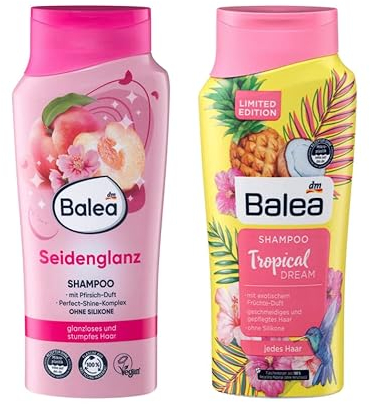 Balea 2er-Set Haarpflege für Glanz & Geschmeidigkeit: Shampoo SEIDENGLANZ (300 ml) + Shampoo TROPICAL DREAM (300 ml), 600 ml