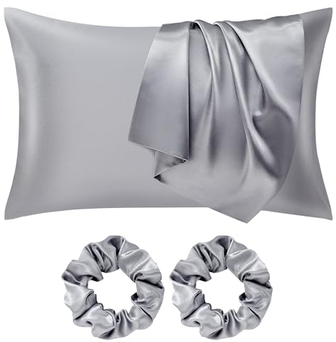 Seiwohl Satin Pillowcase for Hair and Skin Grey Satin Pillow Cases 2 Pack with Hair Scrunchies for women Soft as Silk Pillowcase Cooling Pillow cases with Envelope Closure Standard Size 50x75 cm