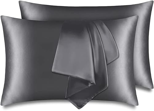 2er Pack Satin Kissenbezug für Haar und Haut, 100% Seidig Luxus Satin Kissenhülle mit Hotelverschluss, Dunkelgrau Kopfkissenbezug Weich und Atmungsaktiv Kissenbezüge 40 x 80 cm…