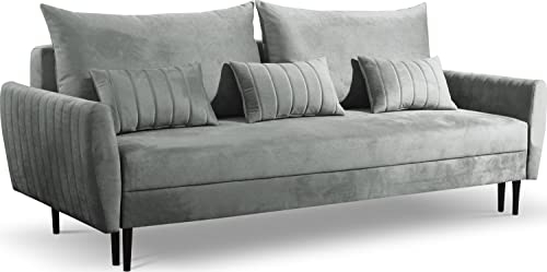 WFL GROUP Sofa mit Bettkasten - Samt Schlafsofa mit Schwarze Holzbeine - 3 Sitzer Sofa Couch mit Schlaffunktion Bettfunktion Skandinavisch Polstergarnitur - Grau