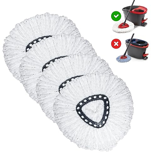 4-Pack Microfiber Spin Mop Refills, Mop Heads Replacement for O-Ceda Easy Wring Spin Mop, Vileda EasyWring and Clean Turbo Classic - White 2-in-1 Tank System Compatible for Easy Floor Cleaning