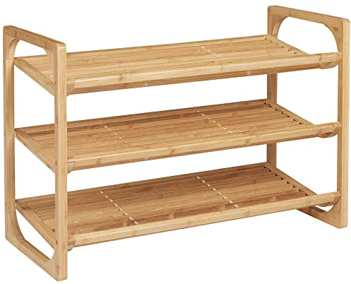 HOMCOM Schuhregal, Schuhständer mit 3 Ebenen aus Bambus, für max. 9 Paar Schuhe, Schuhablage mit Griff für Eingang, Schlafzimmer, 76 x 33 x 51 cm, Natur