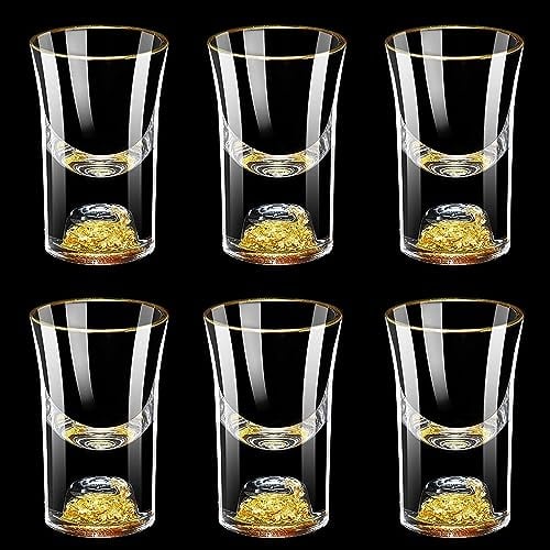 YBCPACK 20ml Gold Shot Glasses Set of 6, Tequila Shot Glasses Set Decorated with 24K Gold Flakes, Mini Crystal Shot Glass for Spirit, Sake, Whiskey