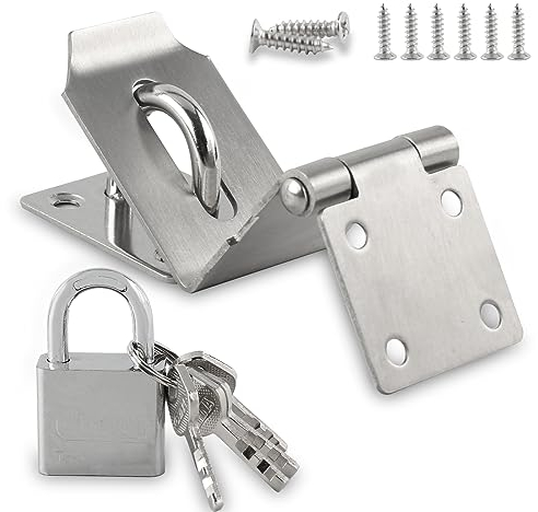 HOWDIA 4 Inch Door Lock Latch Padlock Hasp Set, 90 Degree Latch Lock with Screws and Padlock, Stainless Steel Safety Right Angle Padlock Hasp for Shed/Gate/Storage Lock
