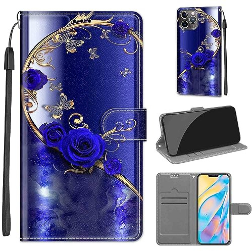 TOMYOU Handyhülle für iPhone 12 Pro Max Hülle, Blaue Rose | Standfunktion, Kartenfach, Magnetisch, Stoßfeste Schutzhülle, Flip Leder, Klapphülle