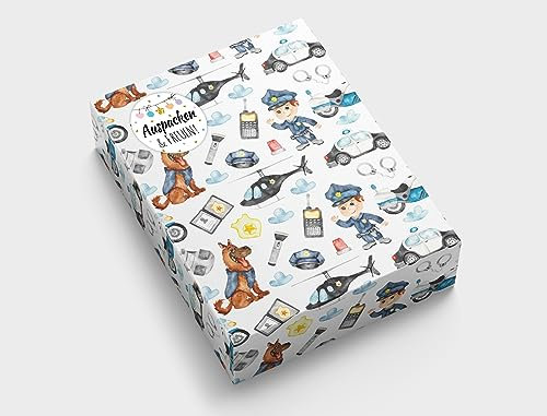 Geschenkpapier für Jungen Polizei Geschenkverpackung für kleine Geschenke Kindergeburtstag Mitgebsel Gastgeschenke verpacken Kindermotiv (12 Bögen in DIN A3 + 12 Aufkleber + 50 Verschlusspunkte)