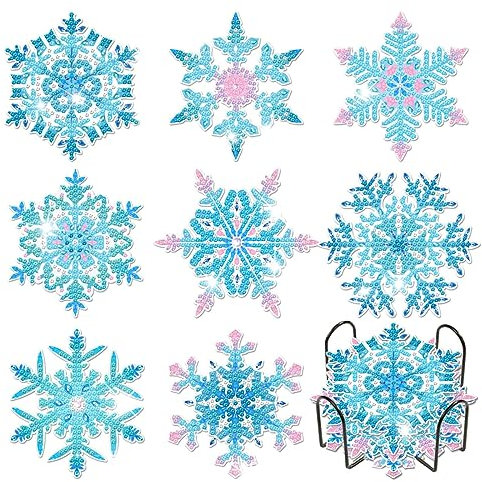 8 Stück Diamond Painting Untersetzer, DIY Schneeflocke Diamant Art Malerei Untersetzer mit Halter Weihnachten Winter Diamant-Malsets, Geschenke Weihnachten