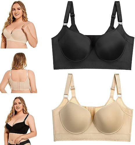 2pcs Comfortable Back Smoothing Plus Size Deep Cup Bra - Women's Full Back Push Up With Uplift Support