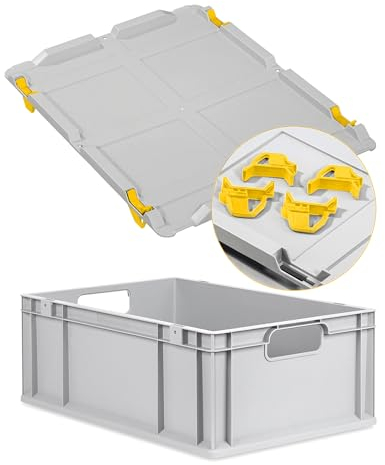 Eurobox NextGen Economy 60x40x22cm Griffe offen mit Auflagedeckel grau, Kunststoffbox 44 Liter stapelbar, Transportbox Campingbox lebensmittelecht, Farbe Deckel-Verschlüsse wählbar (Verschluss Gelb)